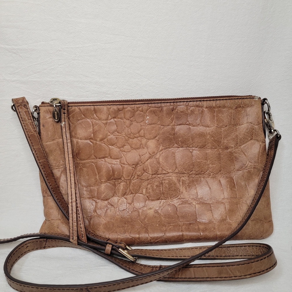 Fossil Genuine Leather Crossbody Bag Brown Croc Embossed Distressed Boho Vintage